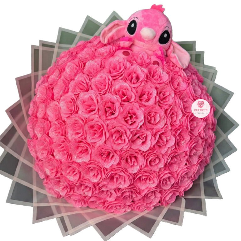 101 Trandafiri cu sclipici si Stitch Roz Buchet cu luminite cadou