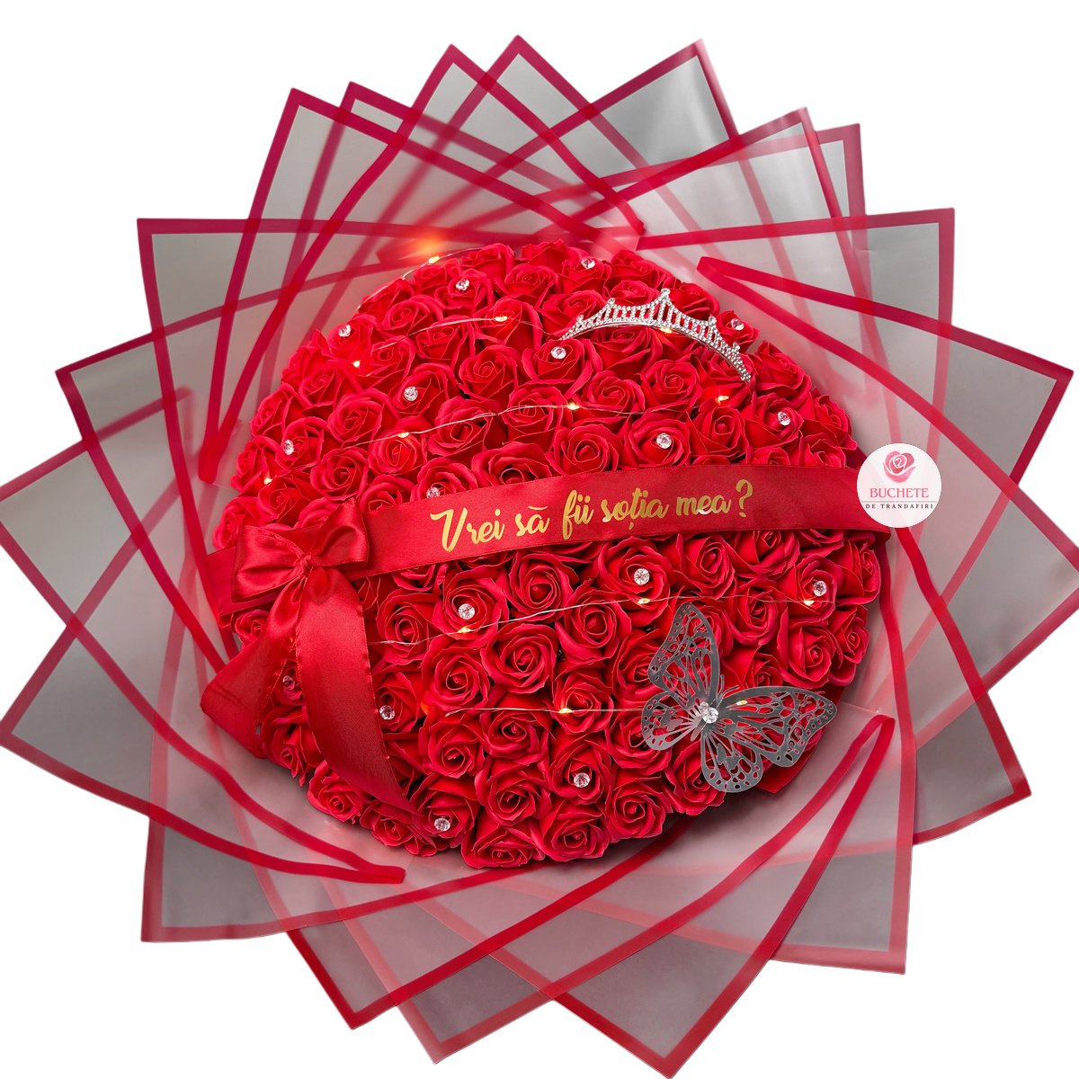 Buchet-cerere-in-casatorie-1 Buchet cerere in casatorie cu 101 Trandafiri rosii din sapun