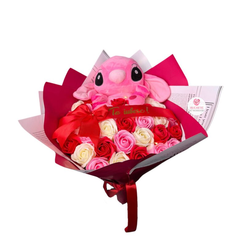 Buchet flori cu Stitch Roz