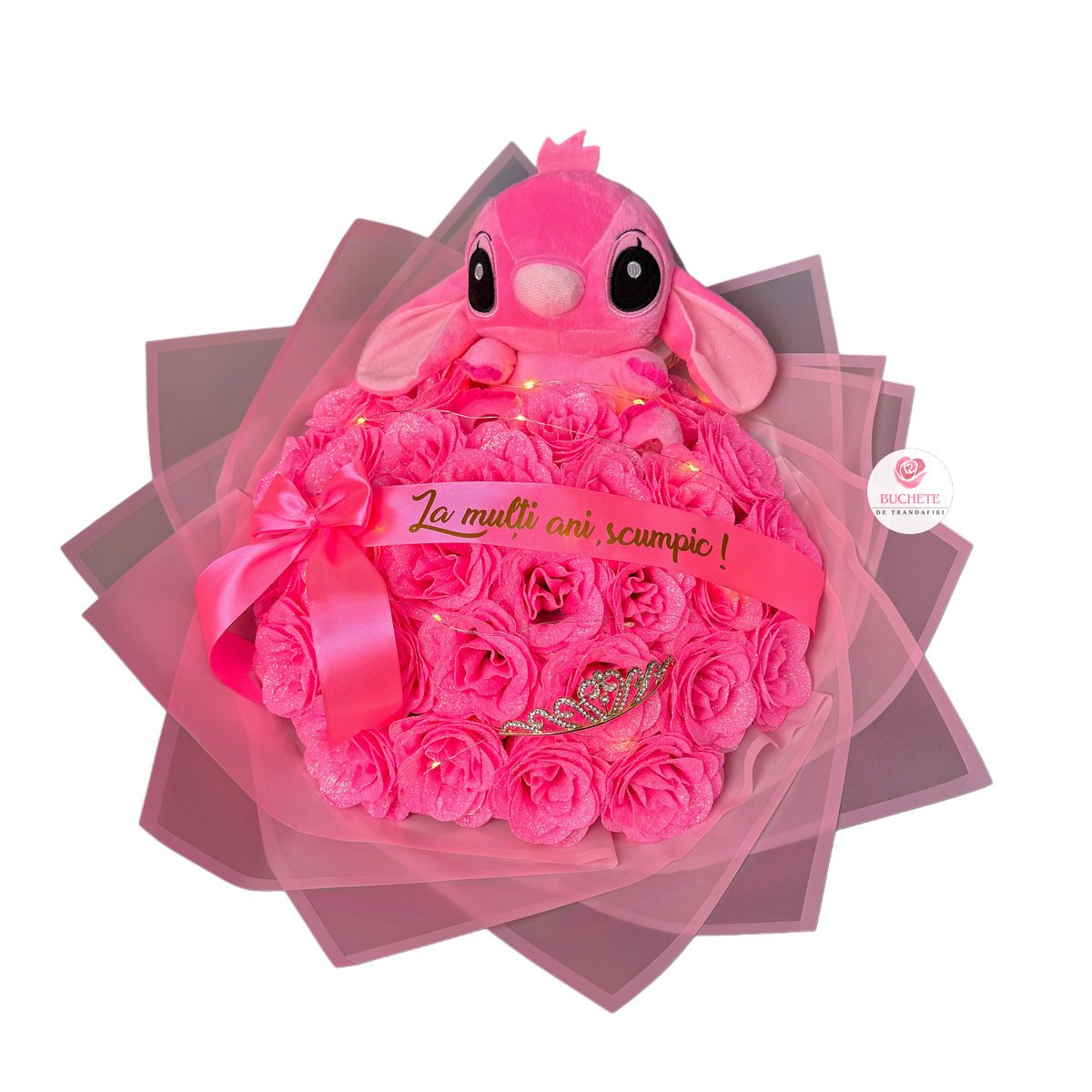 Buchet-cu-stitch-roz-sclipici-1 Buchet cu Stitch Roz