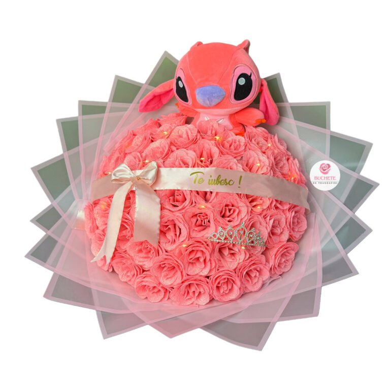 Buchet de flori cu Stitch Roz, 51 Trandafiri cu sclipici, Coronita si mesaj "Te iubesc!" incluse