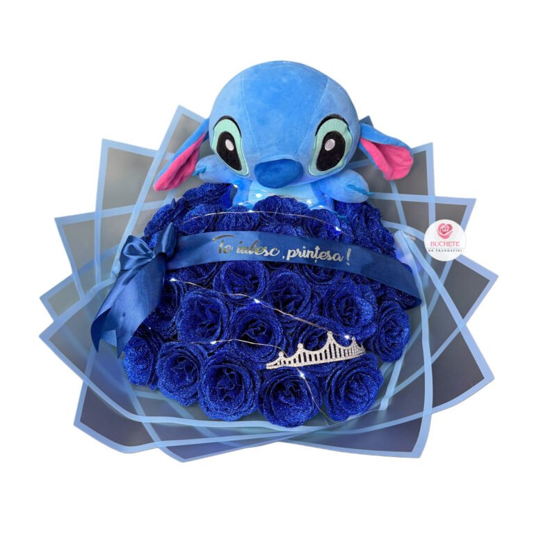 Buchet flori Stitch Albastru cu sclipici