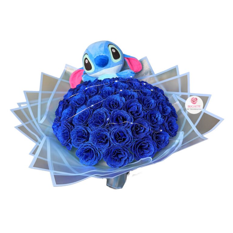 Buchet trandafiri cu Stitch si sclipici albastru, 51 fire, cu luminite LED cadou