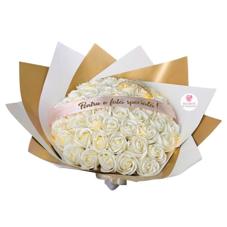 Buchet trandafiri de sapun Alb cu 51 fire