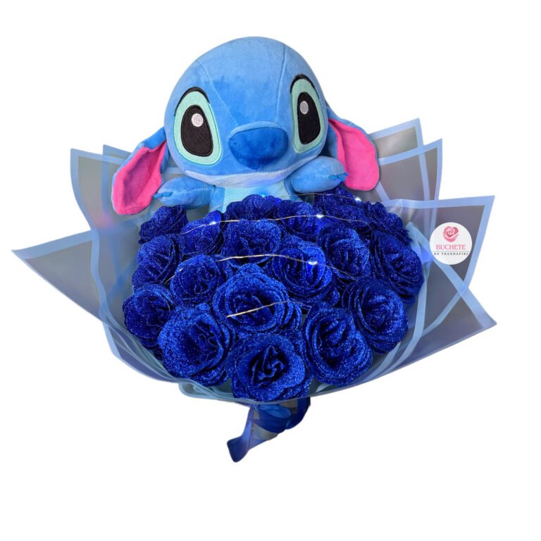 Buchet Trandafiri Stitch albastru cu sclipici